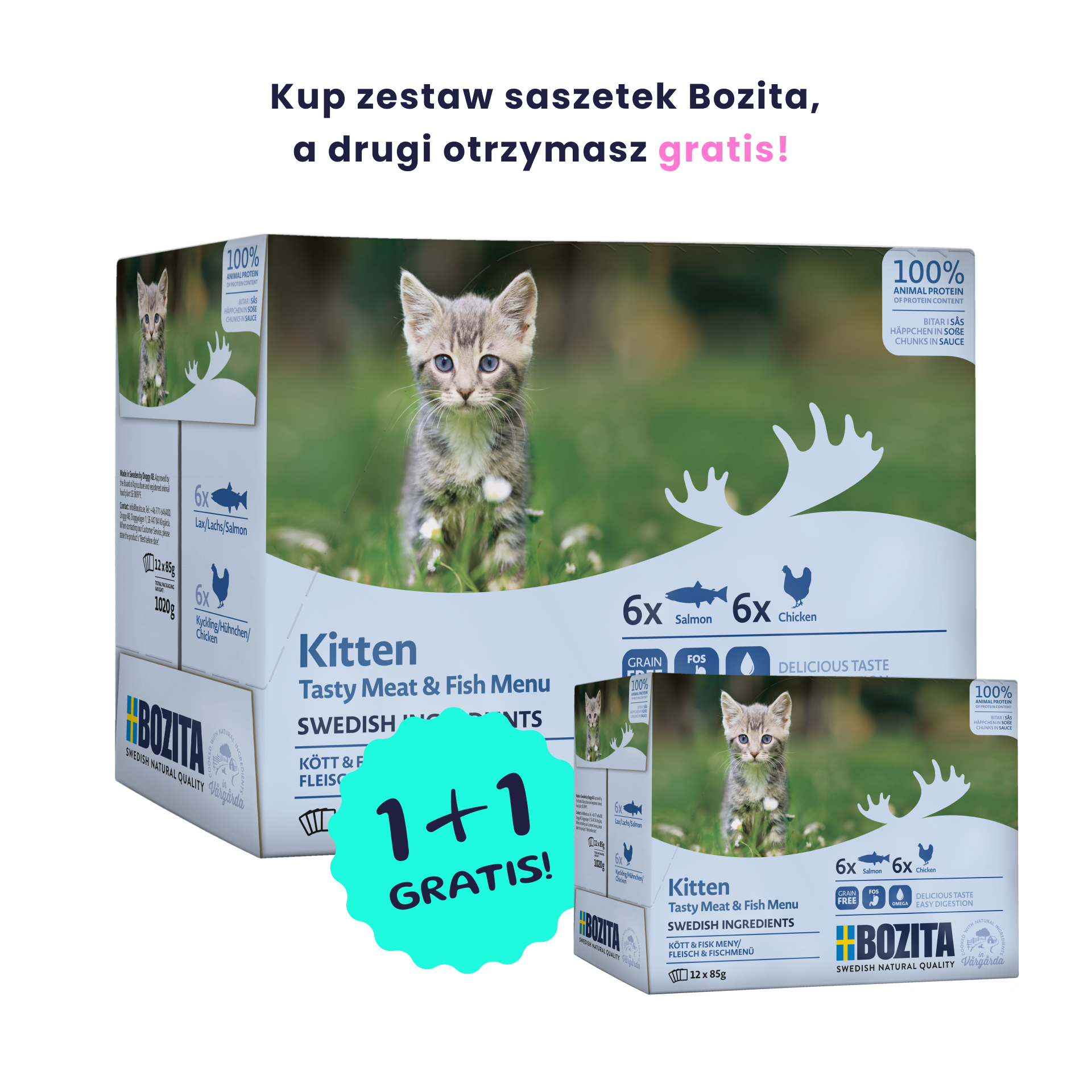 BOZITA Kitten Zestaw 12 saszetek: mięsne i rybne kawałki w sosie dla kociąt 12x85g saszetka + drugie opakowanie 12x85g GRATIS!