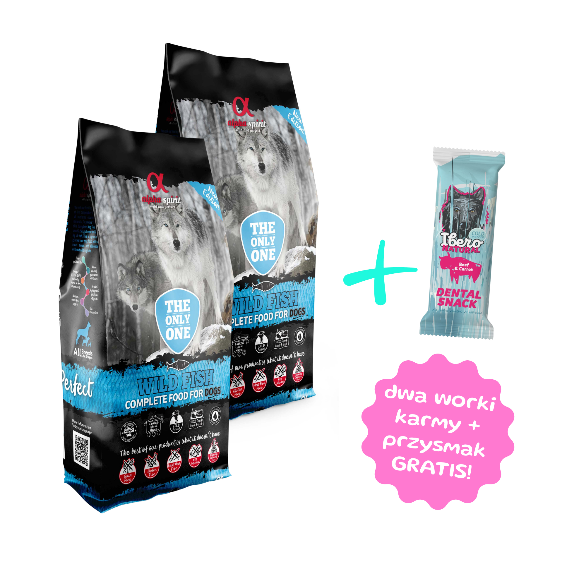 Zestaw 2 karm 12kg - Alpha Spirit The Only One ryba bezzbożowa karma sucha - 2 szt worek 12kg + przysmak Ibero Dental 70g GRATIS!