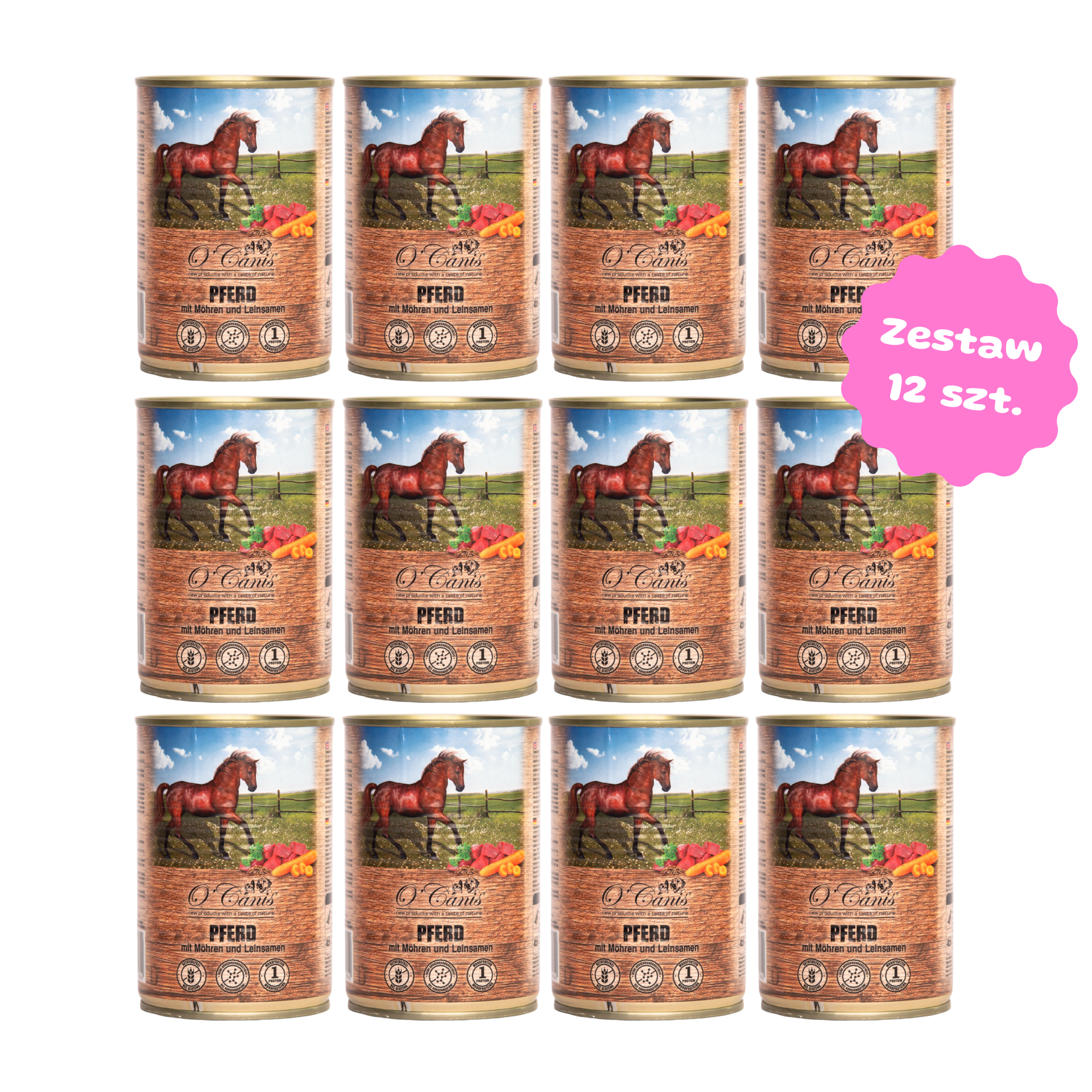 Zestaw 12 szt. puszek karmy mokrej monobiałkowej - O'Canis konina z warzywami i siemieniem lnianym - 12 szt. puszka 400g