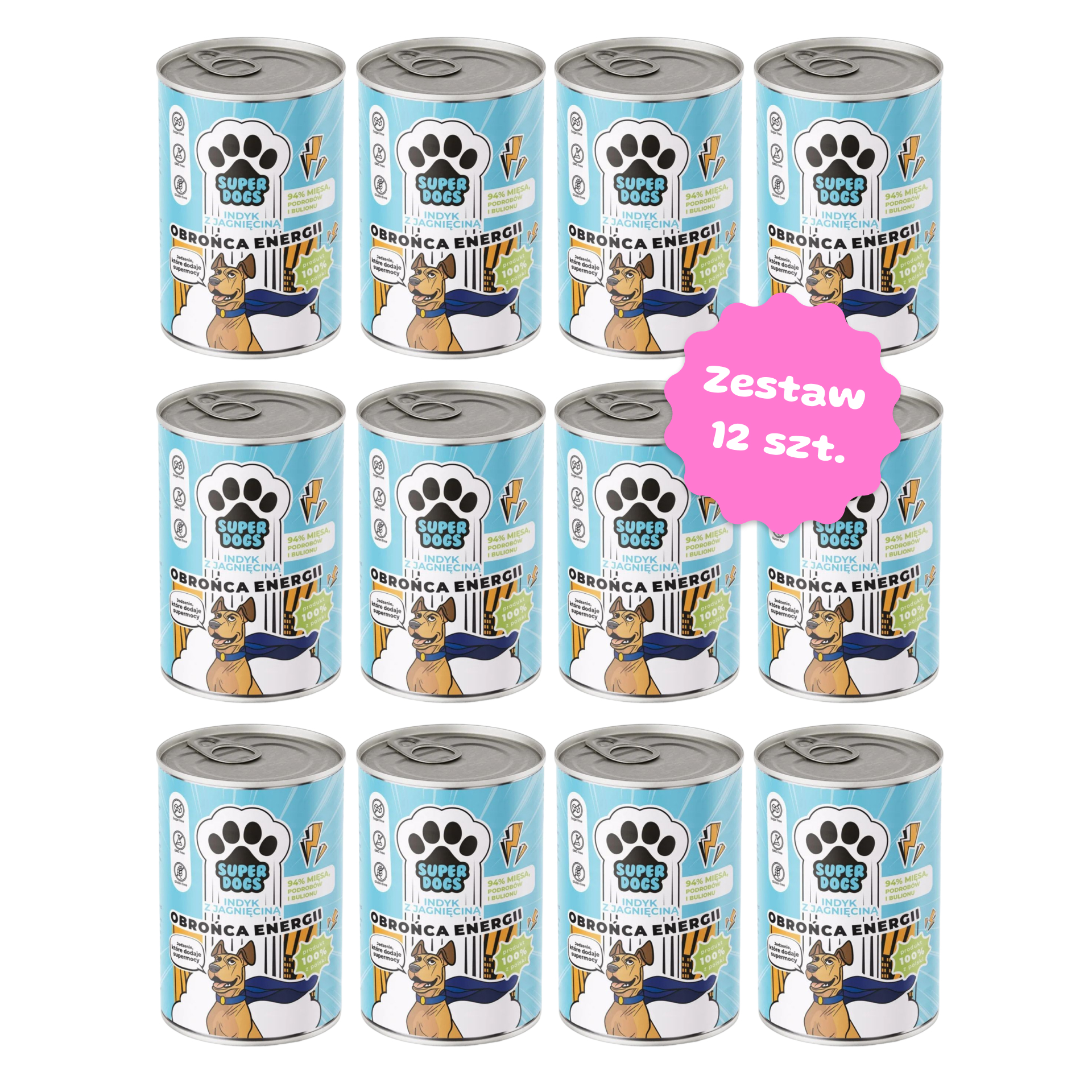 Zestaw 12 szt. puszek pełnoporcjowej karmy mokrej - SUPERDOGS Obrońca Energii Indyk z jagnięciną - 12 szt. puszka 400g