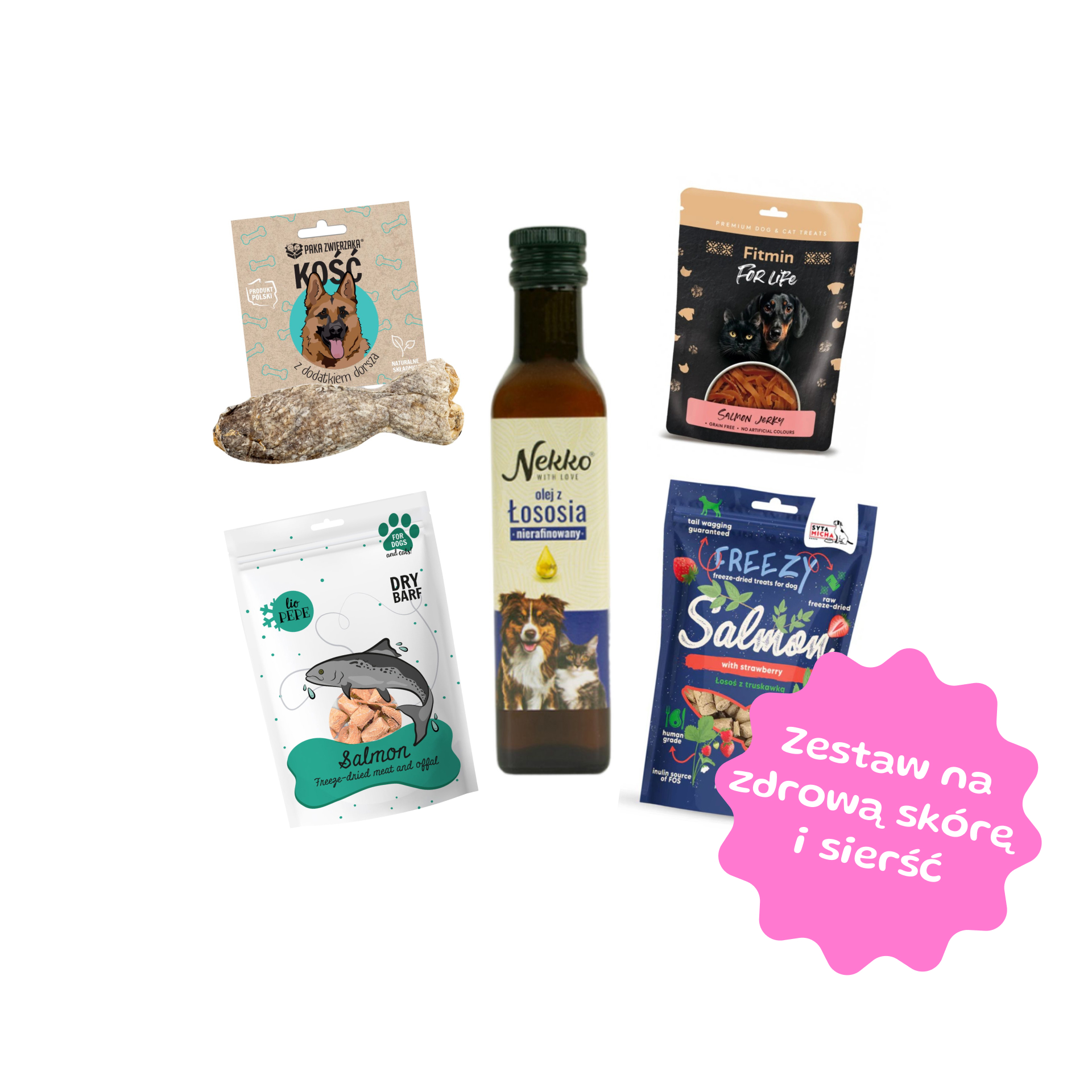 Zestaw 4 przysmaków + olej z łososia na zdrową skórę i sierść 