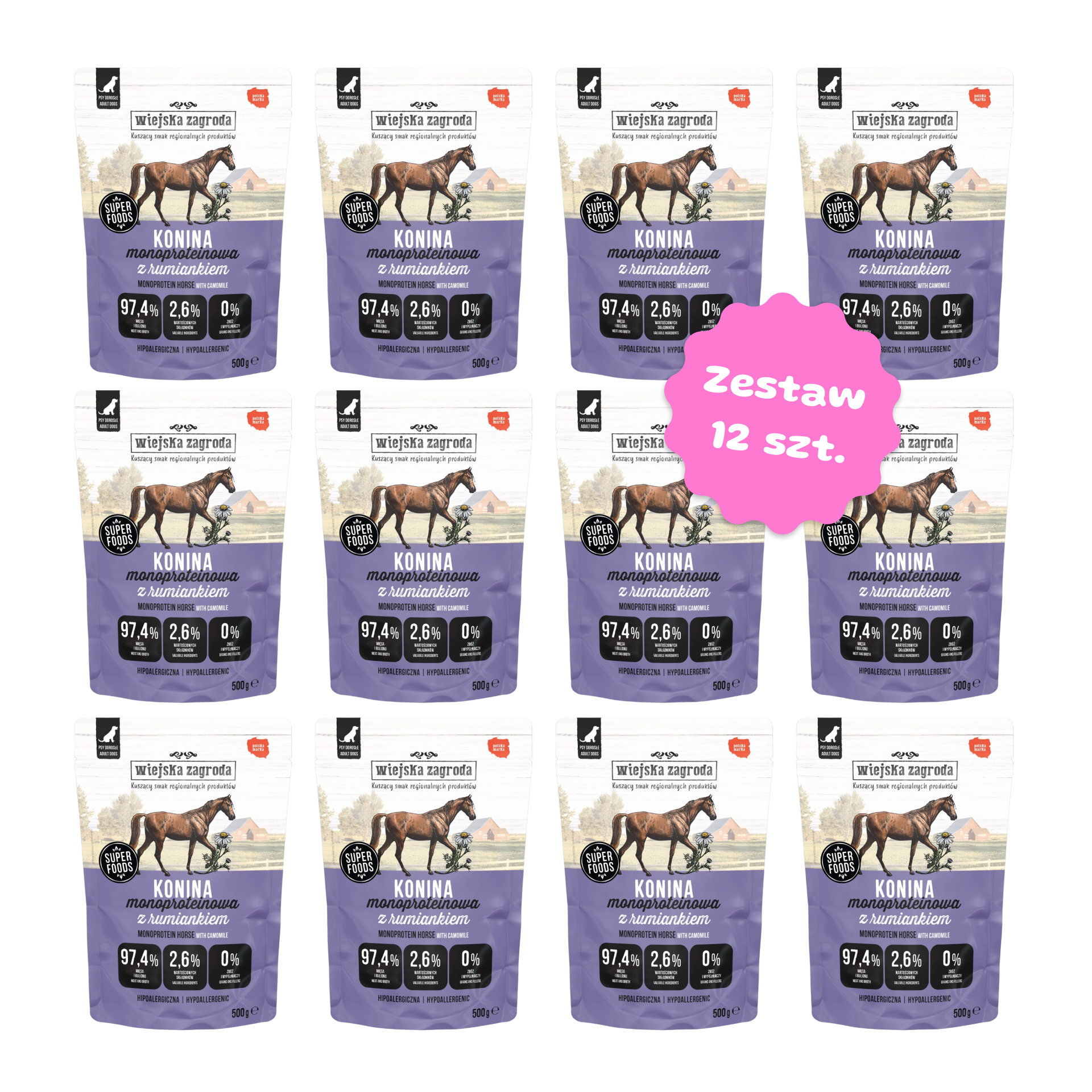 Zestaw 12 szt. saszetek karmy mokrej monobiałkowej - Wiejska Zagroda konina z rumiankiem - 12 szt. saszetka 500g