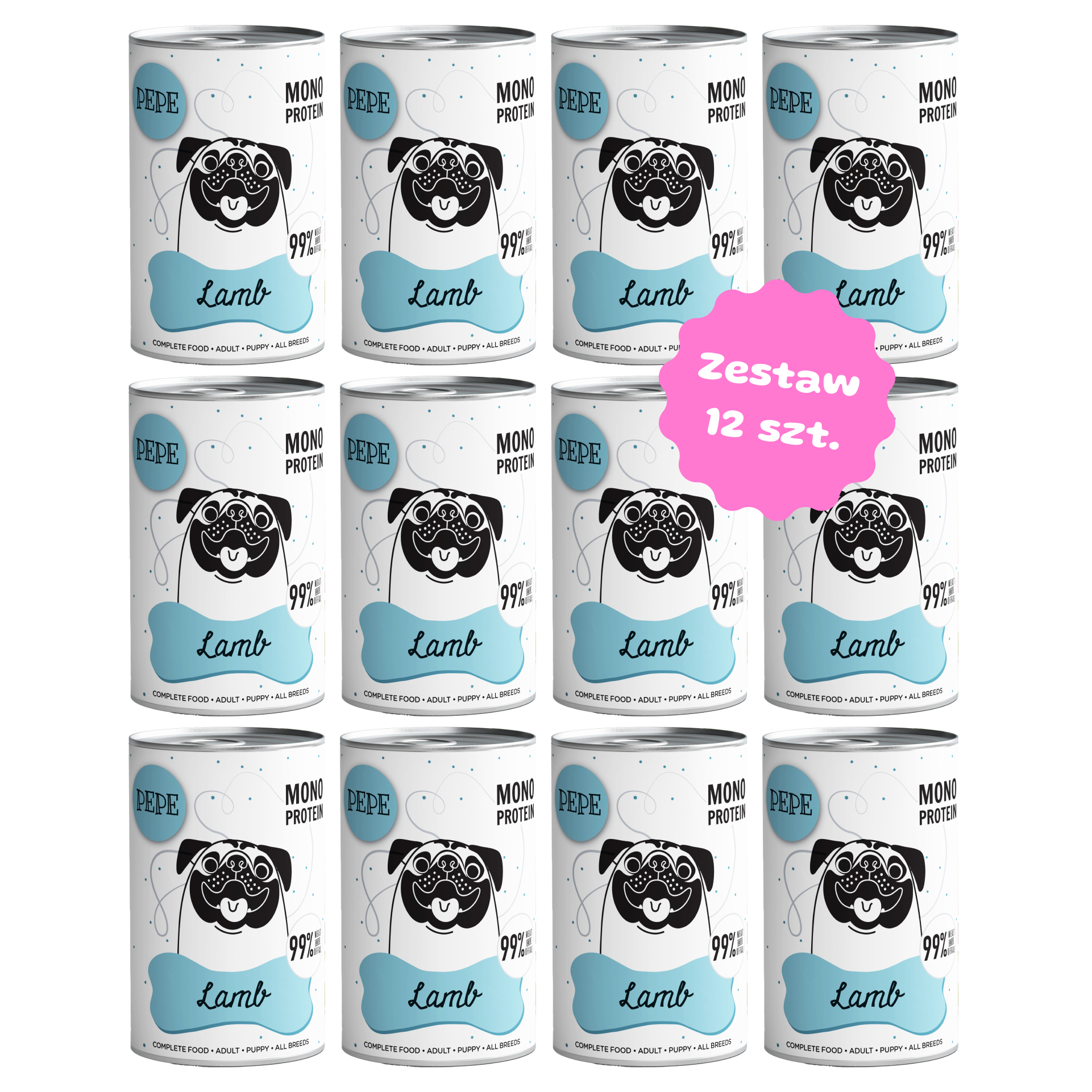 Zestaw 12 szt. puszek karmy mokrej monobiałkowej - PAKA ZWIERZAKA PEPE MONO PROTEIN jagnięcina - 12 szt. puszka 400g