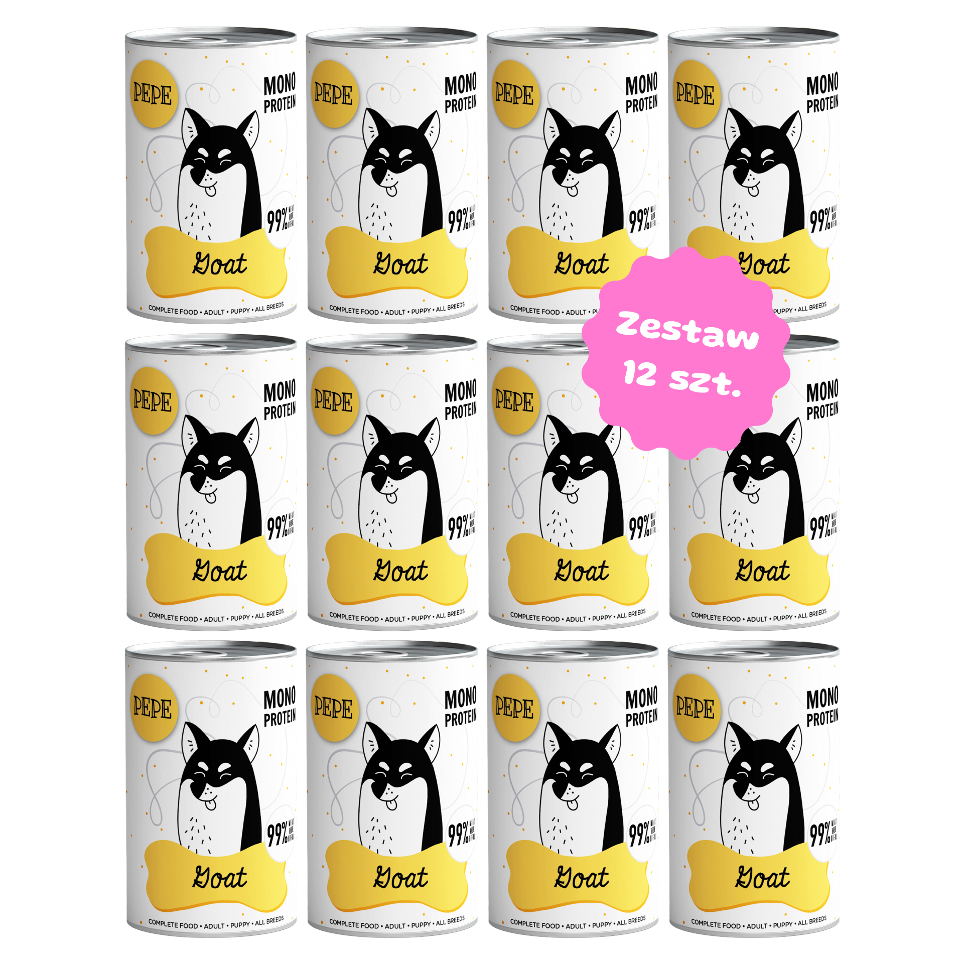 Zestaw 12 szt. puszek karmy mokrej monobiałkowej - PAKA ZWIERZAKA PEPE MONO PROTEIN koza - 12 szt. puszka 400g