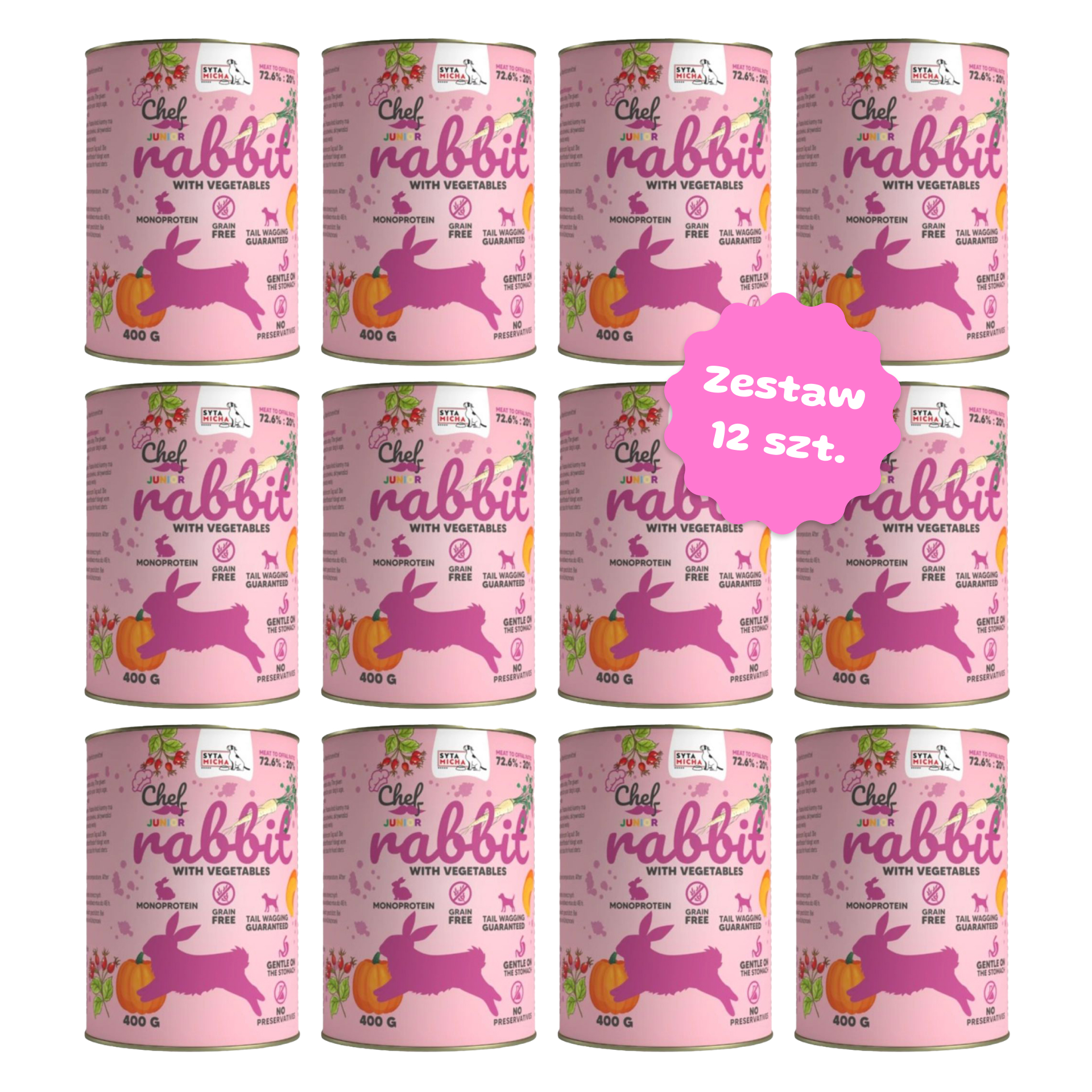 Zestaw 12 szt. puszek karmy mokrej monobiałkowej - Syta Micha CHEF JUNIOR Królik - 12 szt. puszka 400g