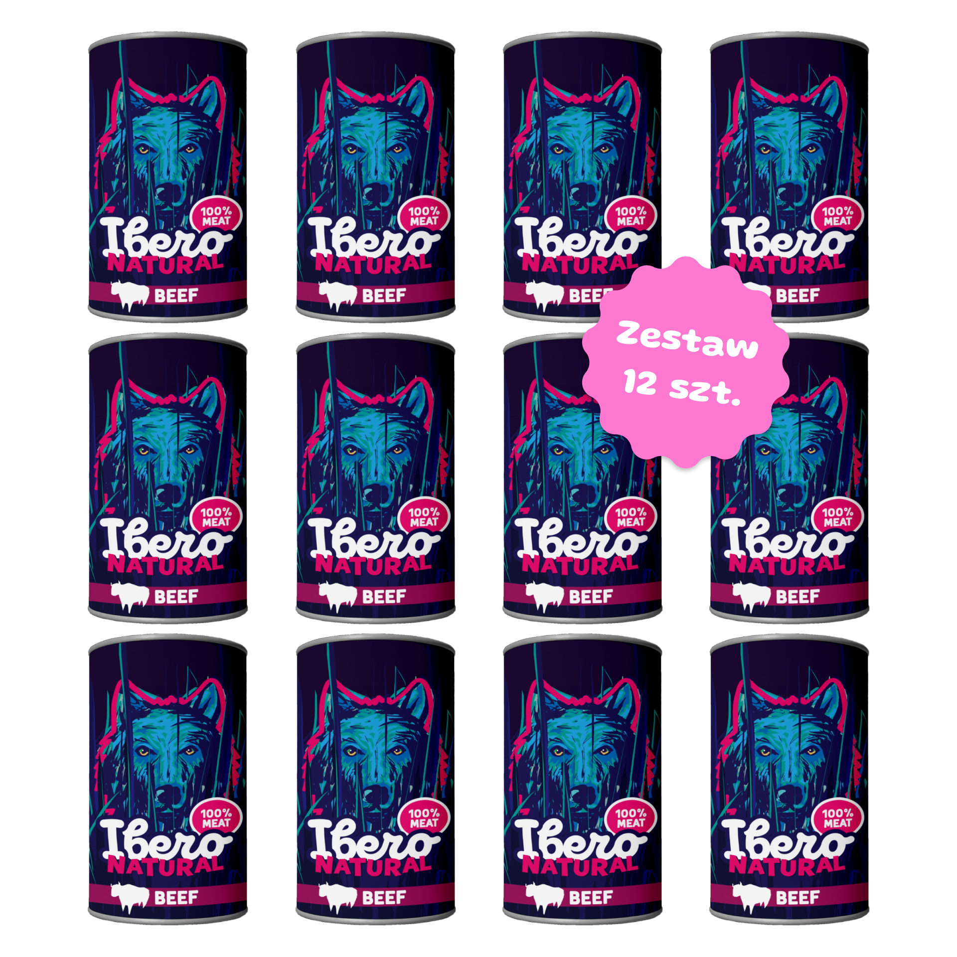 Zestaw 12 szt. puszek karmy mokrej - Ibero Natural Adult z wołowiną - 12 szt. 400g