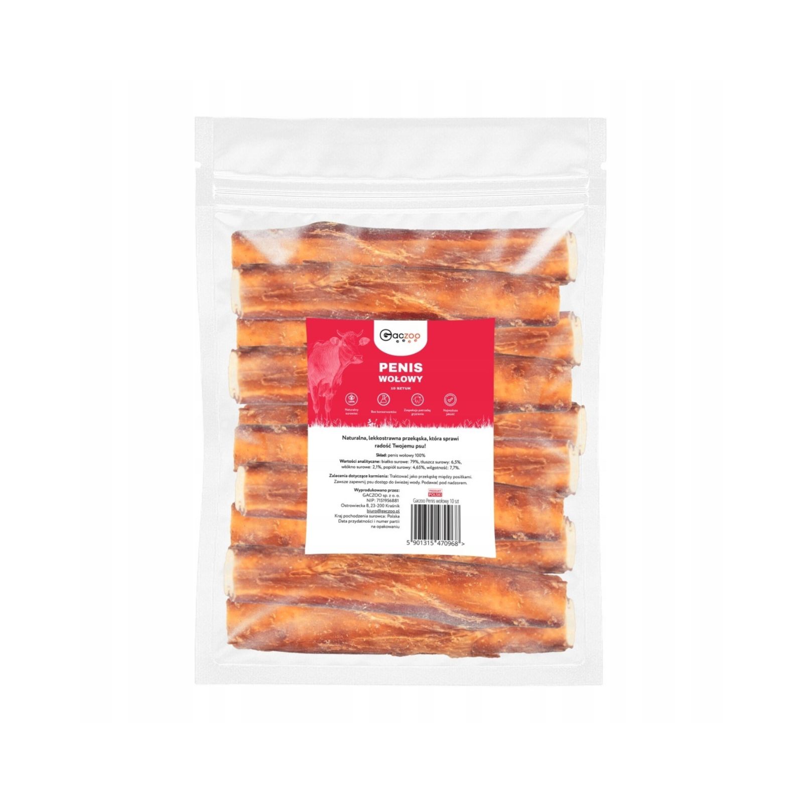 Gaczoo Penis Wołowy suszony gryzak naturalny przysmak dla psa 10szt